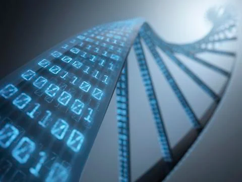 Binary code on dna strand, artwork Illustrazione stock