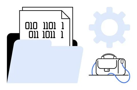 Binary code on documents in a folder, gear symbol, and briefcase. Ideal for t Stock Illustration