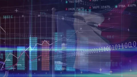 Binary code drifting triggers cloth fluttering and bar chart rising, visualizing Stock Footage 330400495