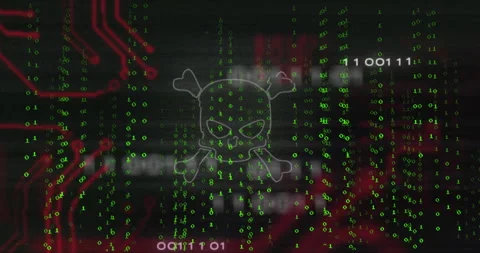 Binary code dripping forming skull crossbones with red circuit lines pulsing Stock Footage 314453880