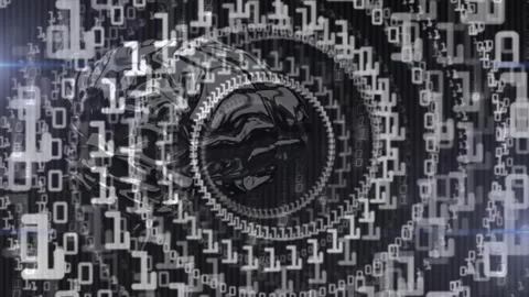 Binary code driving rings rotating, digits drifting inward, pulsing flares Stock Footage 319682278