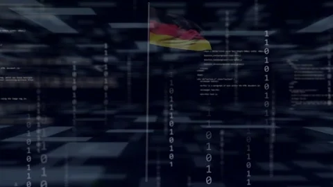 Binary code emerging initiating data flow, German banded flag rippling, columns Stock Footage 333631910