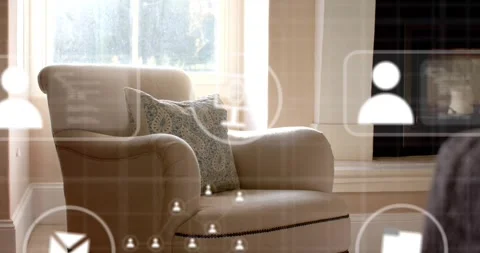 Binary code emerging UI icons floating above beige chair linking into network Stock Footage 320974937