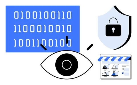 Binary code, eye illustration, shield with lock, and a web page with shopping 스톡 일러스트