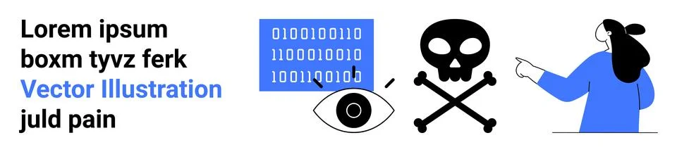 Binary code, eye, skull, and crossbones representing cybersecurity threats wi Illustrazione stock
