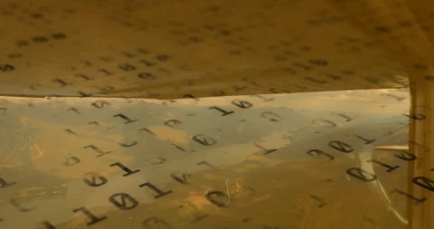 Binary code fading over wing strut window, plane gliding to demonstrate live Stock Footage 315682947