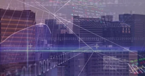 Binary code fading in triggers beam crossing skyline, grid forming and panels Stock Footage 320287297