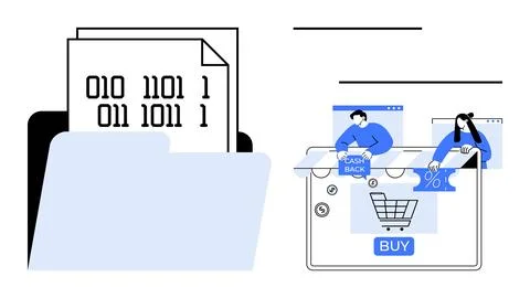 Binary Code Files and Online Shopping Concepts with Cart and Discount Icons Stock Illustration