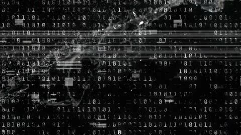 Binary code filling view reacting to ribbon emerging lower right, creating Stock Footage 331872609