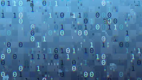 Binary code flickering on blue screen, digital glitch interference, futuristic Stock Footage 332605573