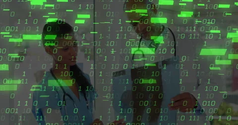 Binary code flickering as medical team examining chest X-ray and diagnosing case Stock Footage 311586486