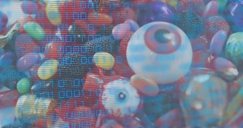 Binary code flickering while camera zooming and panning, highlighting gummy Video stock 317772432