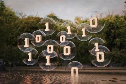 Binary code floating in bubbles above river Illustrazione stock