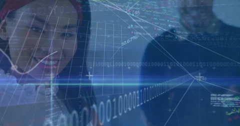 Binary code flowing causing colleagues emerging over 3D grid, data analysts Stock Footage 312694435