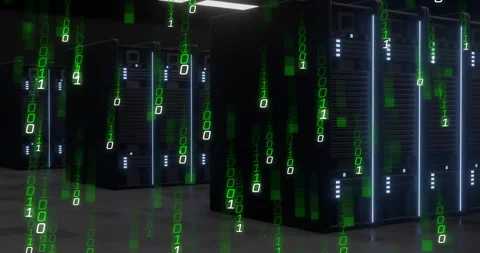 Binary code flowing over servers in data center environment, showcasing Stock Footage 304841049