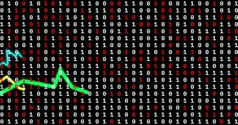 Binary code with fluctuating graph image over black background 스톡 일러스트