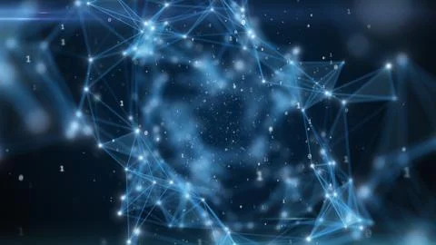 Binary code flying in an abstract technological tunnel with a geometric surfa Foto stock