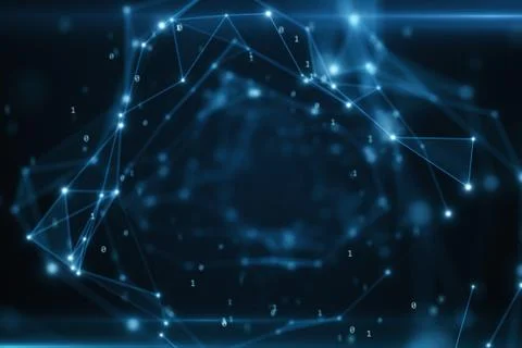 Binary code flying in an abstract technological tunnel with a geometric surfa Stock Photos