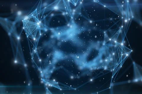 Binary code flying in an abstract technological tunnel with a geometric surfa Stock Photos