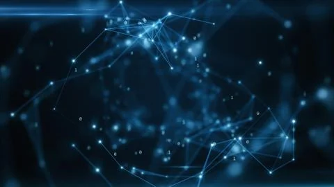 Binary code flying in an abstract technological tunnel with a geometric surfa Stock Photos