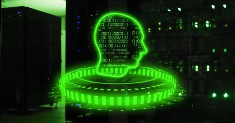 Binary code forming human head over digital data processing in green image Stock Photos