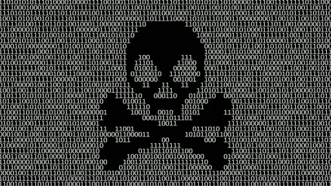 Binary code forms a skull symbolizing technology and caution Stock Footage 325037148