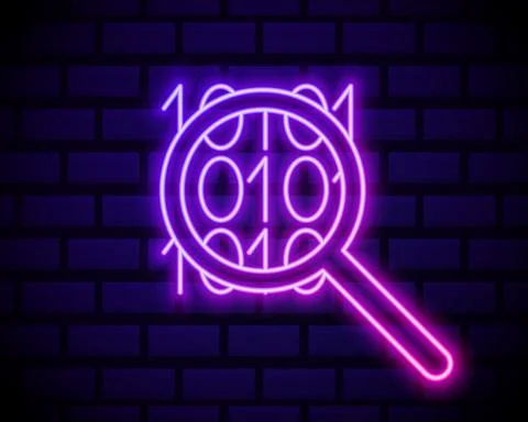Binary code. Glowing neon icon . Binary icon with magnifier . Isolated on dar Stock Illustration