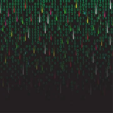 Binary code green and dark background with fireworks, digits on screen Stock Illustration
