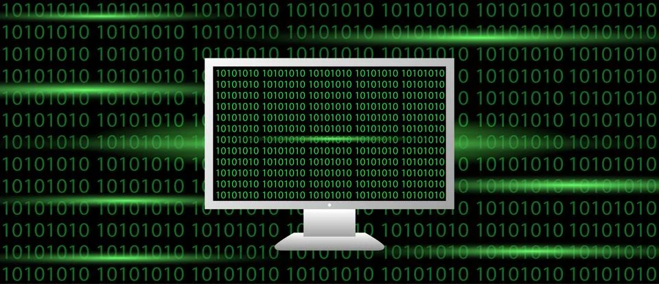 Binary code on green background with computer monitor display binary code Stock Illustration