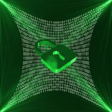 Binary code on green background  with light effects - closed padlock Stock Illustration