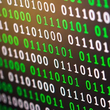 Binary code green blue digital color on black background with zoom effect for Stock Photos