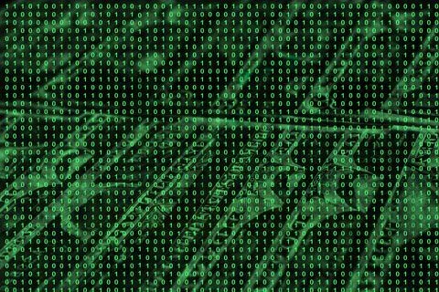 Binary code grid from bright green numbers on the background of dollar bankno 库存照片