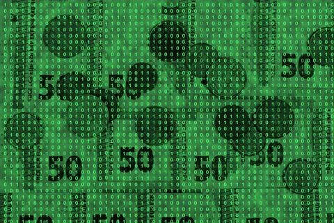 Binary code grid from bright green numbers on the background of euro banknote 写真素材