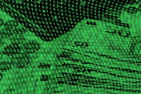 Binary code grid from bright green numbers on the background of euro banknote 스톡 사진