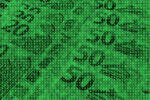 Binary code grid from bright green numbers on the background of euro banknote Stock Photos