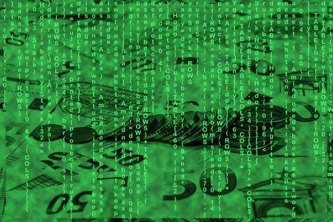 Binary code grid from bright green numbers on the background of euro banknote Stock Photos