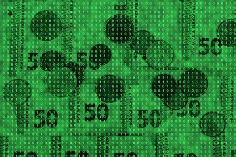 Binary code grid from bright green numbers on the background of euro banknote 库存照片