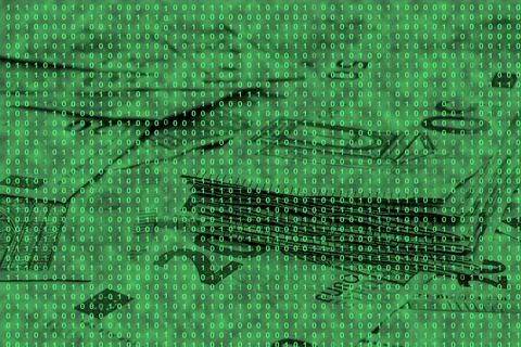 Binary code grid from bright green numbers on the background of euro banknote 写真素材