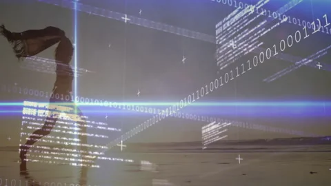Binary code grid launching dancer into water, scarf unfurling against sunset Stock Footage 311083969
