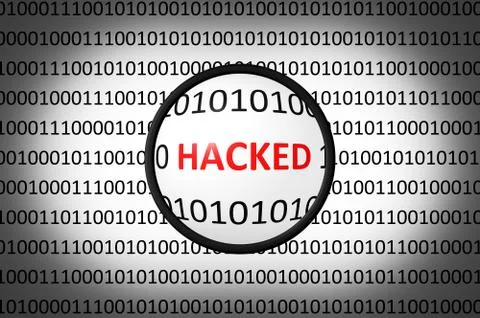 Binary code hacked, security concept with magnifying lens on white background Stock Illustration