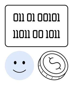 Binary Code, happy Face, and Coin Illustrating Technology, Emotion, and Fin.. 스톡 일러스트
