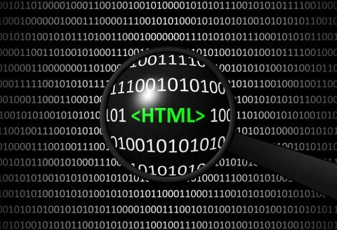 Binary code with HTML and magnifying lens on black background - programming c Stock Illustration