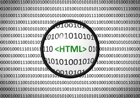 Binary code with HTML and magnifying lens on white background Stock Illustration