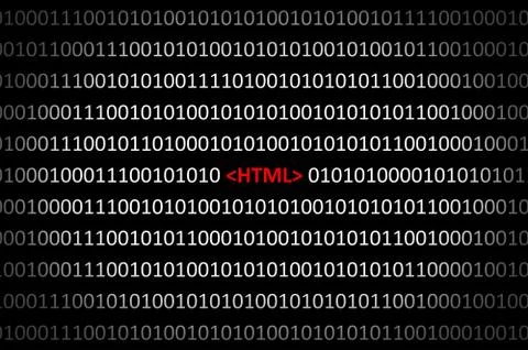 Binary code with HTML on black background Stock Illustration