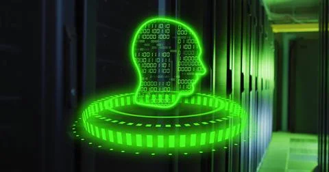 Binary code human head and digital interface image over server room 스톡 사진