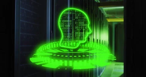 Binary code human head animation over data servers in corridor Video stock 306507263