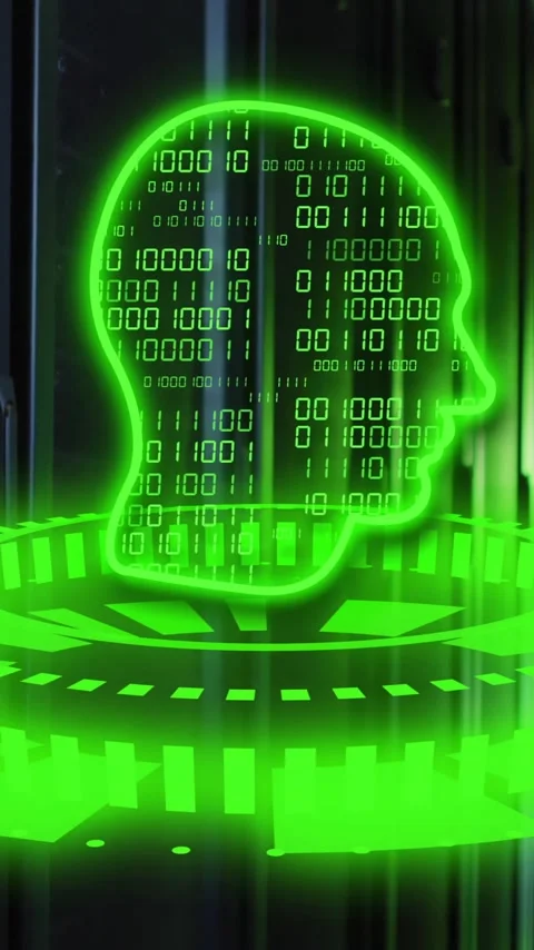 Binary code human head animation over data servers in corridor 스톡 동영상 343682643