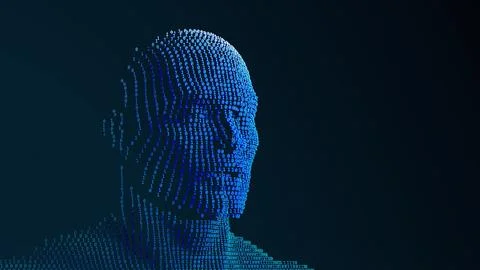 Binary code humanoid face in profile on dark background, highlighting artif.. Stock Photos