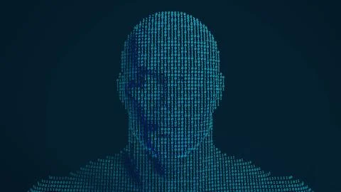 Binary code humanoid figure on dark background, symbolizing artificial inte.. Stock Photos