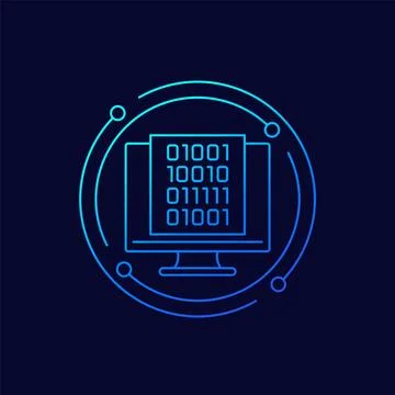 Binary code icon with a computer, linear design Stock Illustration